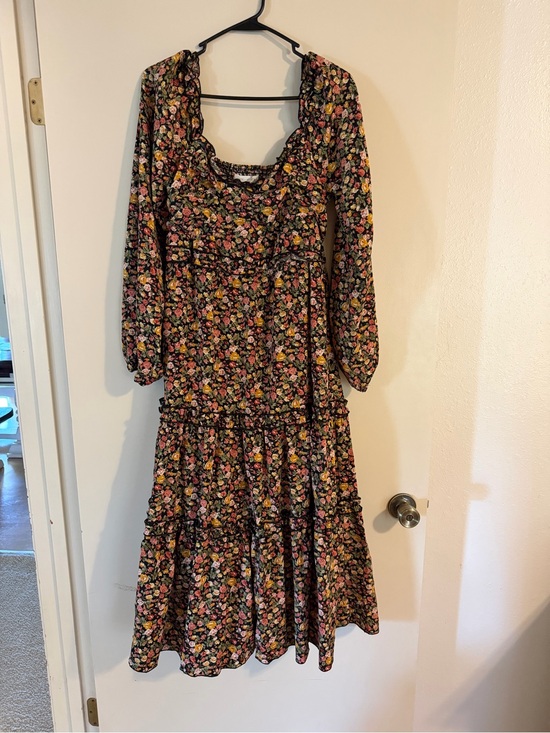 Altar'd State Dresses & Skirts - Altar'd State Black Floral Long-Sleeve Midi Dress with Pink and Yellow Accents
